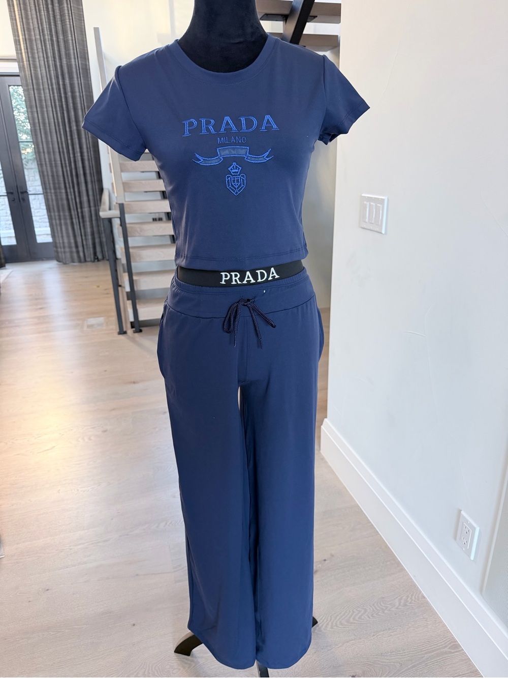 Navy Crop Top & Wide-Leg Pants Matching Two piece Set size S